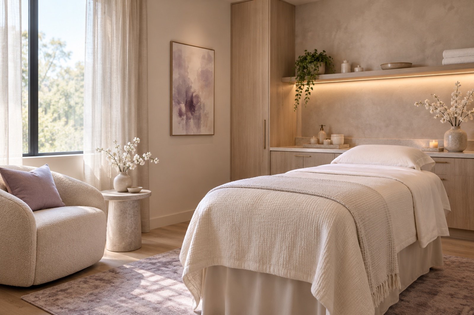 A calm treatment room with warm, natural light